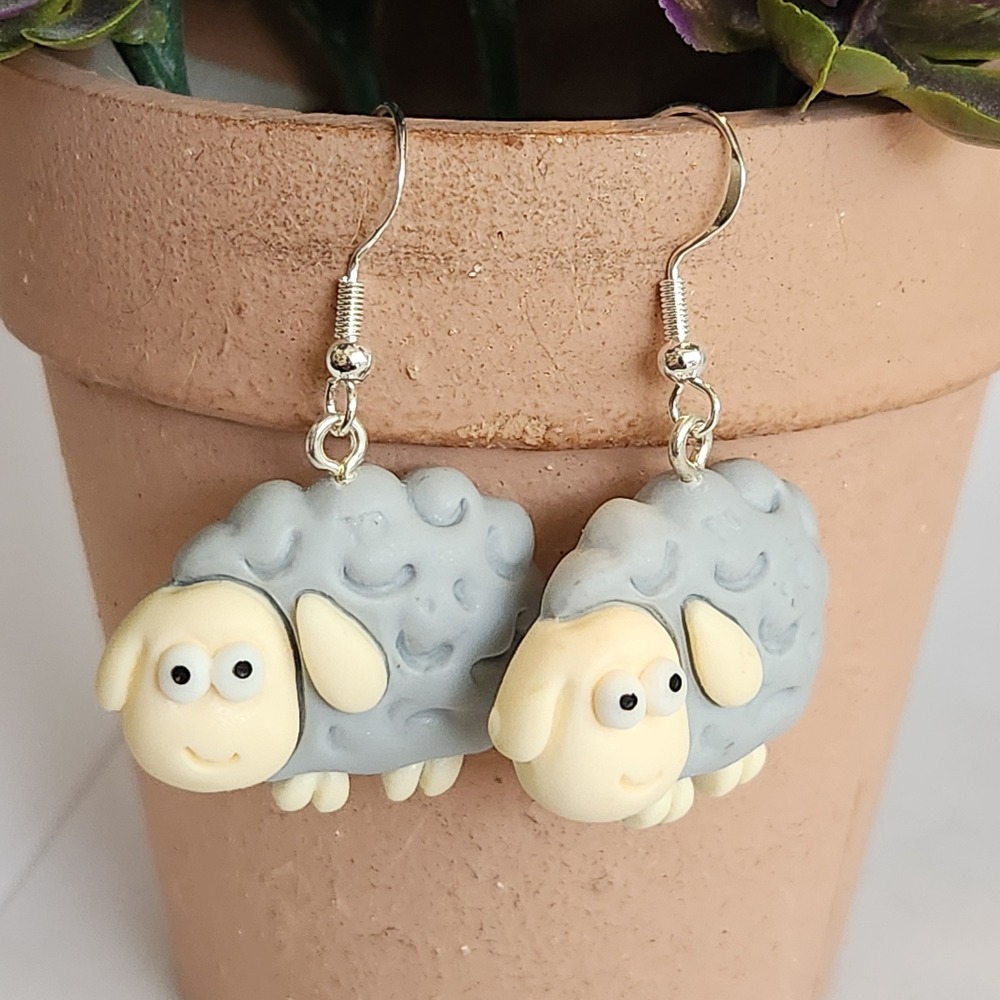 Handmade Polymer Clay Grey Sheep Drop Earrings Whimsical Animal Jewelry - Picture 3 of 4